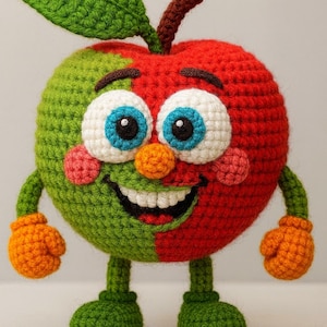 以下が含まれることがあります： 笑顔の顔をした、気まぐれな手編みのリンゴのキャラクター。リンゴは赤と緑の半分に分かれており、青い目、オレンジ色の鼻、ピンクの頬があります。オレンジ色の手袋、緑色の靴、緑の葉があります。
