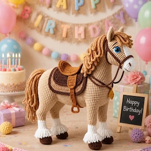 Può includere: Un cavallo all'uncinetto con sella, criniera e coda, davanti a uno striscione di compleanno e palloncini. Il cavallo è beige con dettagli bianchi sulle zampe e una sella marrone. Un piccolo cartello nero recita "Happy Birthday!"