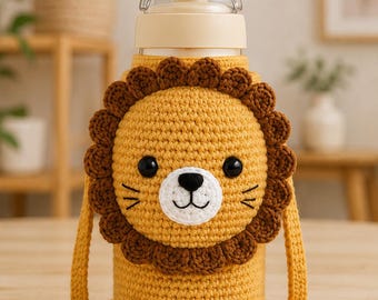 Lion Water Bottle Holder Crochet Pattern, Amigurumi Bottle Cozy with Strap, PDF Digital Download