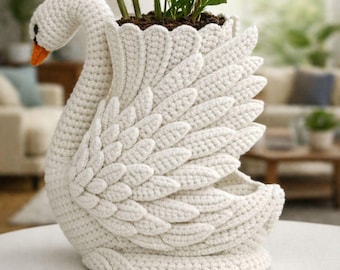 Schema per vaso all'uncinetto a forma di cigno, vaso di fiori amigurumi (download PDF digitale)