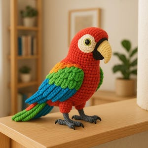 May include: A colourful, handmade crochet parrot. The bird has a red head and body, with wings in shades of blue, green, and orange. It has a yellow beak, black accents, and grey feet, standing on a wooden surface.