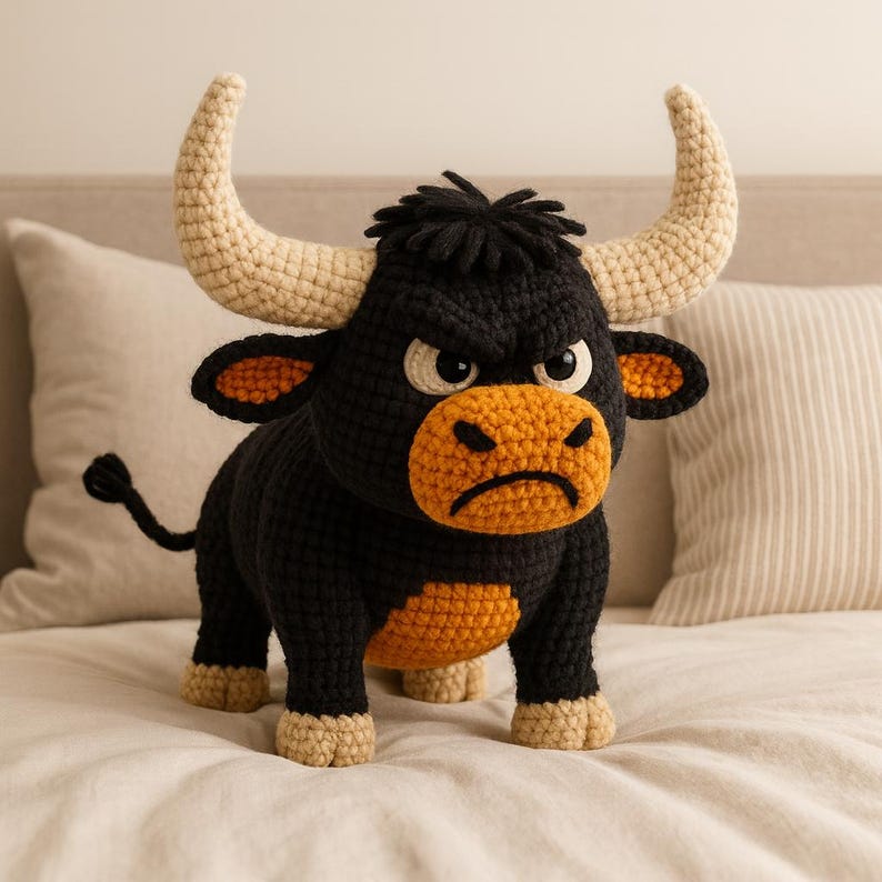 May include: A crocheted bull toy, predominantly black with tan horns and an orange muzzle, displaying an angry expression. The bull is positioned on a bed. The horns are curved, and the eyes are white with black pupils. The toy is handmade.