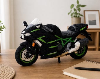 Crochet Motorcycle Toy, Realistic Sport Bike Amigurumi, Black Green Motorbike Model (PDF Pattern)