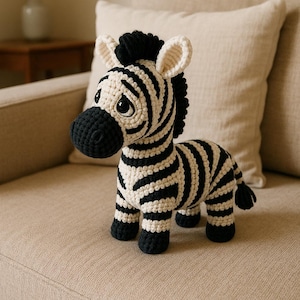 Może przedstawiać: Ręcznie robiona szydełkowa zabawka w kształcie zebry z czarno-białymi paskami. Zebra ma czarną grzywę, nos i kopyta oraz duże, wyraziste oczy. Pluszak siedzi na beżowej kanapie.