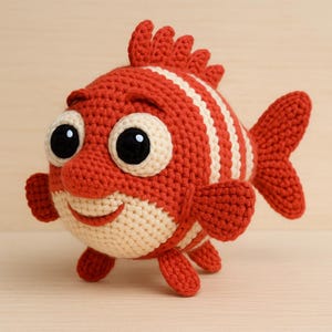 Może przedstawiać: Ręcznie robiona szydełkowa zabawka w kształcie ryby w kolorze czerwonym i kremowym. Ryba ma duże czarno-białe oczy, uśmiechniętą buzię i kremowe paski. Płetwy i ogon są czerwone. Zabawka ma wyglądać jak ryba z kreskówki.