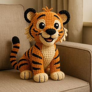 Könnte beinhalten: Gehäkeltes Tiger-Plüschtier in Orange, Schwarz und Creme. Der Tiger hat schwarze Streifen, ein lächelndes Gesicht und große, ausdrucksstarke Augen. Das Spielzeug sitzt auf einem neutralfarbenen Sofa.