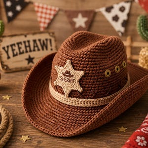 Op de afbeelding: Een bruine gehaakte cowboyhoed met een Sheriff-badge, gouden accenten en een beige band. De hoed ligt op een houten oppervlak met een touw, cactussen en een bord met "YEEHAW!"