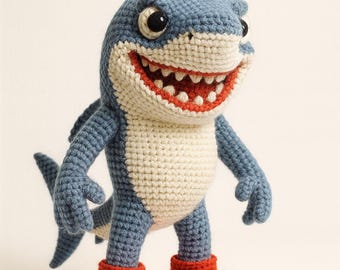 Crochet Shark Plush Toy with Red Boots - Handmade Amigurumi Doll