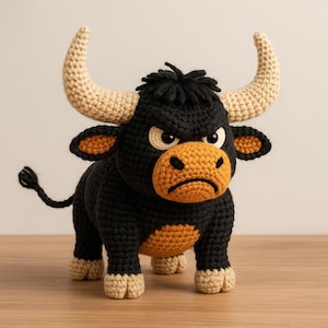May include: A handcrafted crochet bull toy. The bull is predominantly black with beige horns, hooves, and snout. It has an angry expression with white eyes and a downturned mouth. The bull's body has orange detailing.