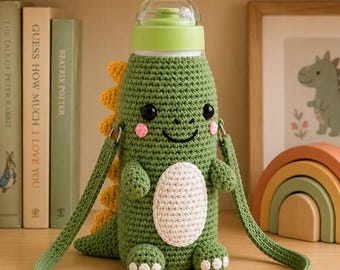 Crochet Dinosaur Water Bottle Holder Pattern, Amigurumi Bottle Carrier (PDF Download)