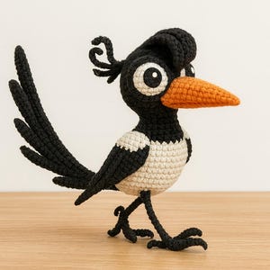 Könnte beinhalten: Handgefertigte Vogel-Figur aus Häkelarbeit. Der Vogel hat einen schwarzen Kopf, Schwanz und Flügel, mit einem weißen und beigen Körper. Er hat einen orangefarbenen Schnabel und große, ausdrucksstarke Augen. Der Vogel steht auf einer Holzoberfläche.