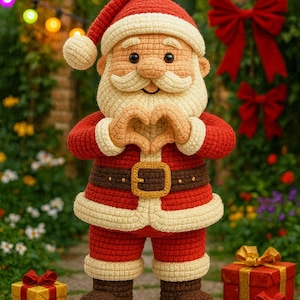 Può includere: Una figura di Babbo Natale all'uncinetto in un abito rosso con finiture bianche, un cappello abbinato e una cintura marrone. Babbo Natale fa la forma di un cuore con le mani. Due regali confezionati sono ai suoi piedi e lo sfondo presenta verde e fiocchi rossi.
