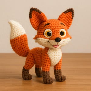 May include: A crocheted fox toy in shades of orange, white, and brown. The fox has large, expressive eyes, a white chest, and a fluffy tail. The fox is standing on its four legs, with a smiling expression.