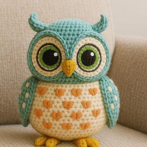 May include: A handmade crochet owl with a teal head and wings, cream-colored body, and orange heart accents. The owl has large green eyes, a yellow beak, and yellow feet. A decorative, soft, and cuddly owl.