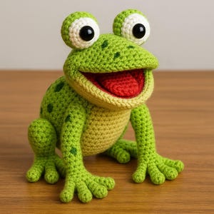 Puede incluir: Una rana de ganchillo hecha a mano en tonos verdes, con ojos grandes y expresivos y una boca ancha y abierta que revela un interior rojo. La rana tiene un aspecto texturizado y está posada sobre una superficie de madera. La rana mide unos 15 cm de alto y 20 cm de largo.