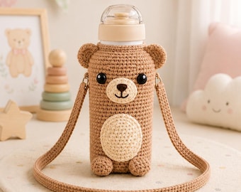 Crochet Teddy Bear Water Bottle Holder Pattern, Amigurumi Bag PDF (Digital Download)