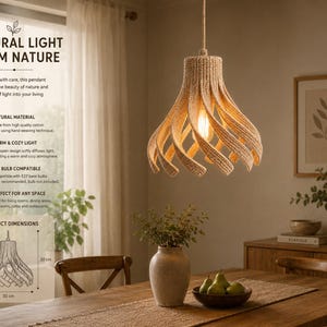 May include: A beige woven pendant light fixture with a spiral design, hanging above a wooden dining table. The light fixture is approximately 12 inches in diameter and 12 inches in height. The room has a neutral color palette with natural light.