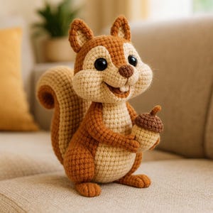 Peut inclure: Une figurine d'écureuil crochetée, aux tons marron et beige, tenant un gland marron. L'écureuil a de grands yeux noirs et une expression souriante. Le jouet en peluche fait main est posé sur un canapé clair.