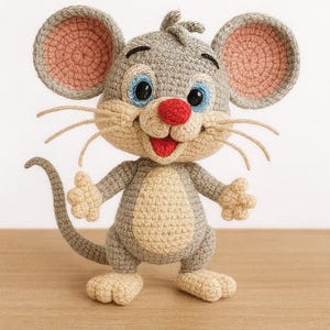 Könnte beinhalten: Eine gehäkelte Mäusefigur aus grauem und beigem Garn. Die Maus hat große, rosa gefütterte Ohren, blaue Augen, eine rote Nase und lange Schnurrhaare. Der Mund ist geöffnet und zeigt eine rote Zunge. Die Maus steht mit ausgestreckten Armen und Beinen.