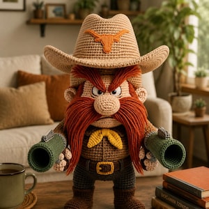 Könnte beinhalten: Gehäkelte Figur eines Cartoon-Cowboy-Charakters mit einem großen roten Bart, der einen beigefarbenen Cowboyhut mit einem orangefarbenen Longhorn-Symbol trägt. Die Figur hat grüne Gewehrläufe und eine gelbe Fliege. Die Figur steht auf einem Holztisch.