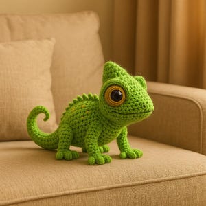 May include: A handcrafted green crochet chameleon with big eyes and a curled tail. The reptile has a textured, scaly look and is positioned on a neutral-toned sofa. The chameleon's body has yellow detailing.