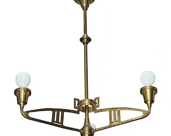 Antyczny mosiężny żyrandol w stylu wiedeńskiej secesji, austriacka lampa sufitowa w stylu secesyjnym z trzema punktami świetlnymi, ok. 1910–1920