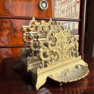 Vintage Brass Victorian Style Letter Holder Rack w/ Shell Coin Dish Desk Organizer c.1920–1950