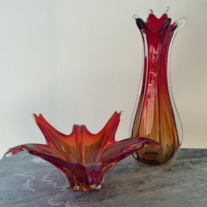 Vintage Murano Glass Vase & Bowl Set, Large Italian Art Glass, Ruby Red Amber Venetian Glass, Mid Century Sculptural Decor