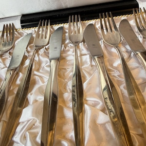 Könnte beinhalten: Ein Set aus silberfarbenen Gabeln und Messern, angeordnet in einer Box. Das Besteck hat ein schlankes, modernes Design mit einer reflektierenden Oberfläche. Die Gabeln haben vier Zinken, und die Messer haben eine gebogene Klinge. Das Set wird auf einem weißen, strukturierten Stoff präsentiert.