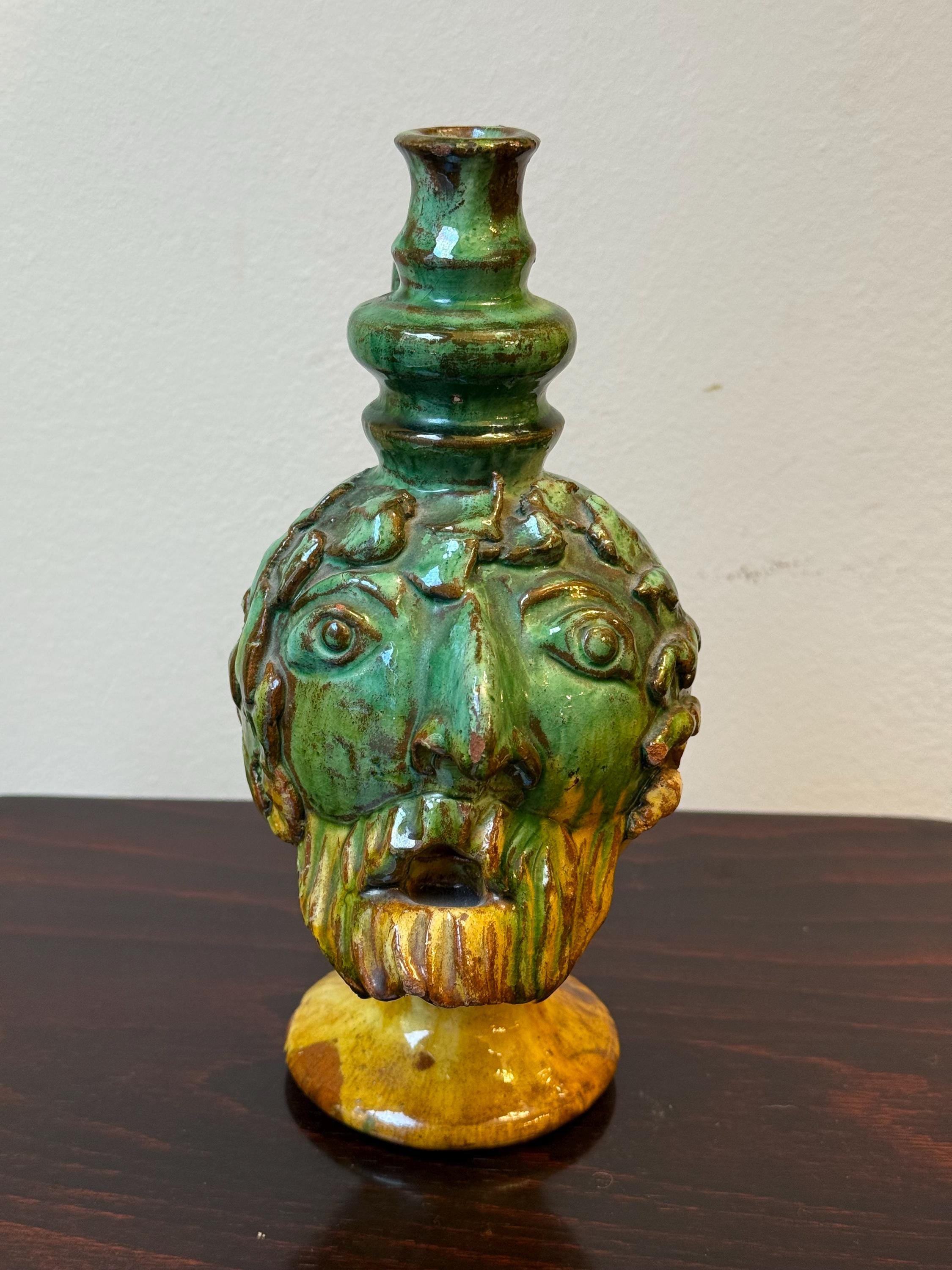 Vintage Seminara Folk Art Head Vessel – Green Glazed Terracotta
