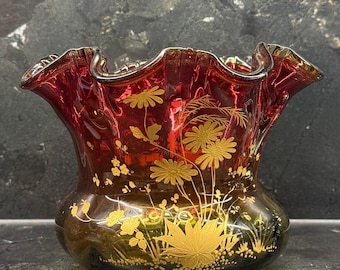 Antique Art Nouveau Glass Vase 15 cm – Red Yellow Bohemian / Loetz Style Gilt Floral c1900