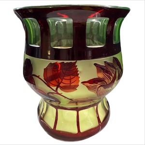 Antique Art Nouveau Vaseline Glass Vase c.1900 | Ruby Overlay Cameo Crystal | Attributed Val Saint Lambert | Belgian Glass
