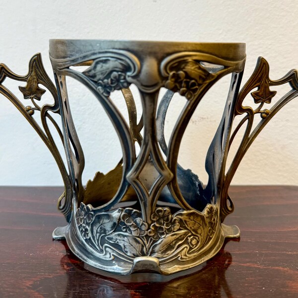 Art Nouveau Wine Bottle Holder/Stand • Marked A.K. & Cie • Viennese Secession Metalwork • Antique Art Nouveau Pierced Floral Holder (ca.1900)