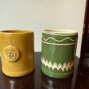 Handmade Austrian Ceramic Mug Pair | Scheibbs Studio Pottery | Pastel Yellow & Green | Modern Minimal Coffee Cups | Scandinavian Style