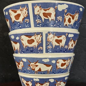 Vintage Nesting Mixing Bowls Set of 5 | West German Dom Keramik Cow Design | Space Saving Ceramic Kitchen Bowls