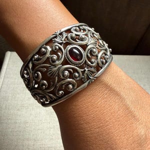 Vintage European .835 Silver Garnet Cuff Bracelet – Ornate Filigree Wide Statement Jewelry – 47.2g