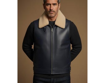 Chaleco de piel auténtica para hombre con cuello de piel, confeccionado a mano.