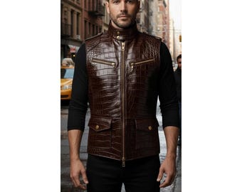 Handmade Crocodile Embossed Leather Vest Western Biker Style
