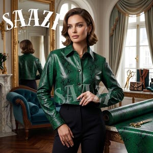 May include: A green snakeskin-effect leather jacket with a button-up front, worn with black trousers. The word "SAAZI" is displayed in white, stylized text. The image is set in a room with a mirror and a roll of matching fabric.