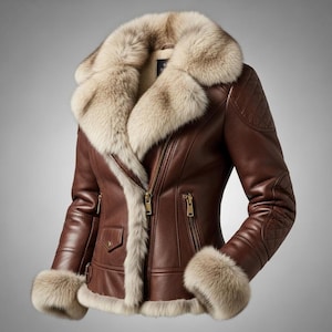 May include: A brown leather jacket with a fur collar and trim. The jacket has a diagonal zip, quilted shoulder details, and fur cuffs. It features two zipped pockets and a small chest pocket.
