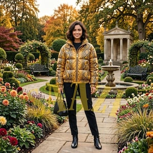 Könnte beinhalten: Eine Frau trägt eine gelbe Pufferjacke mit Schlangenmuster, eine schwarze Hose und schwarze Stiefel und hält eine schwarze Handtasche. Der Hintergrund zeigt einen Garten mit einem Brunnen, Blumen und einem Gebäude mit Säulen.