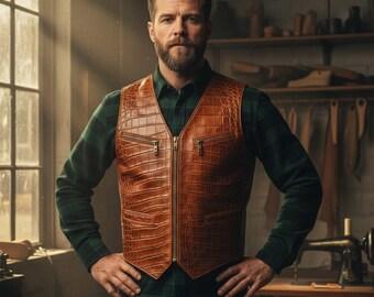 Men Embossed Crocodile Leather Vest Motorcycle Style Waistcoat Classic Handmade Leatherwear