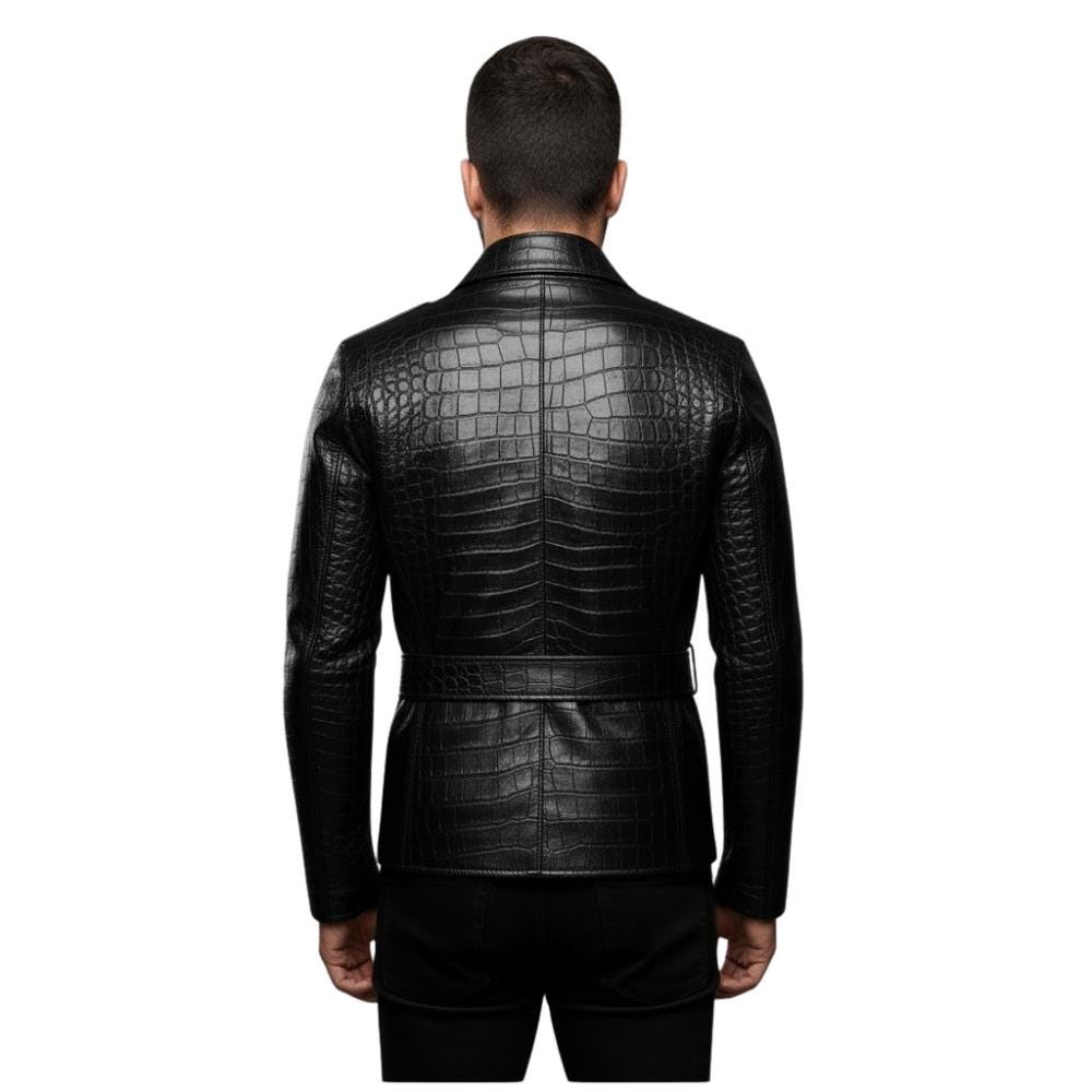 Handmade Crocodile Embossed Black Leather Jacket Luxury Men's