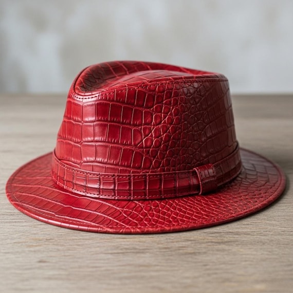 Red Crocodile Embossed Leather Fedora Handmade Exotic  display picture 1