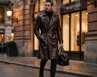 Cappotto lungo da uomo in vera pelle marrone, stile vintage, capospalla fatto a mano