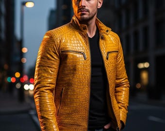 Blouson fait main en cuir gaufré façon crocodile, style unique