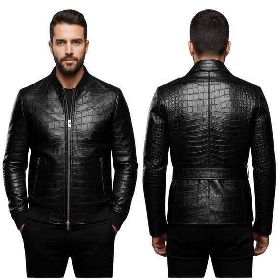 Handmade Crocodile Embossed Black Leather Jacket Luxury Men's