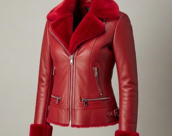 Rote Schaflederjacke Pelzbesatz Wintermode