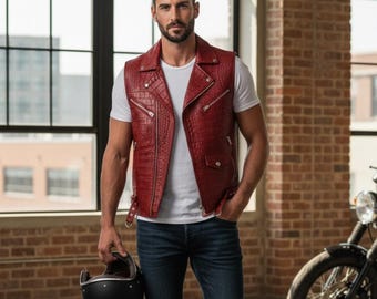 Handmade Genuine Leather Crocodile Embossed Biker Vest