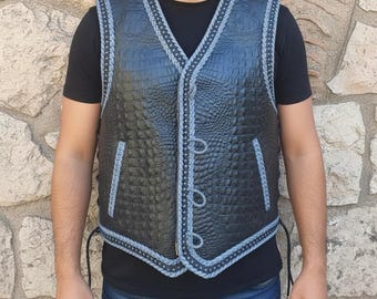 Luxury Men Leather Vest Crocodile Embossed Design Biker & Western Fashion Outfit